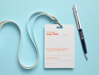 Trade show lanyard with badge and custom pen next to it