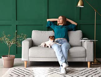 A person and a small dog sitting comfortably on a couch