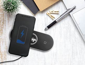 Custom wireless charger in use on a desk