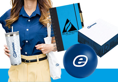Person wearing a custom polo, holding an imprinted tumbler, next to a collage of promotional products.
